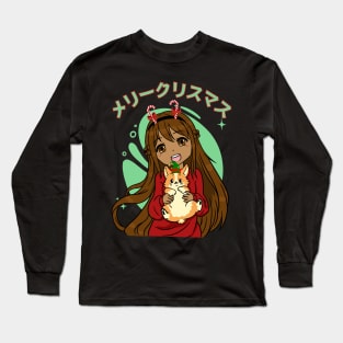 Kawaii Anime Black Girl And Corgi Christmas Long Sleeve T-Shirt